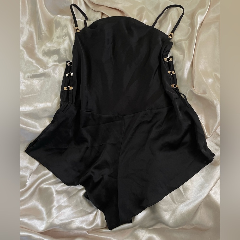 Honey Birdette Black Satin Romper with Gold Details XS